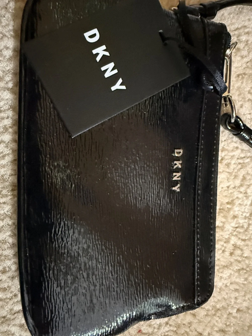 NWT DKNY Black Patent Wristlet with Strap and silver hardware